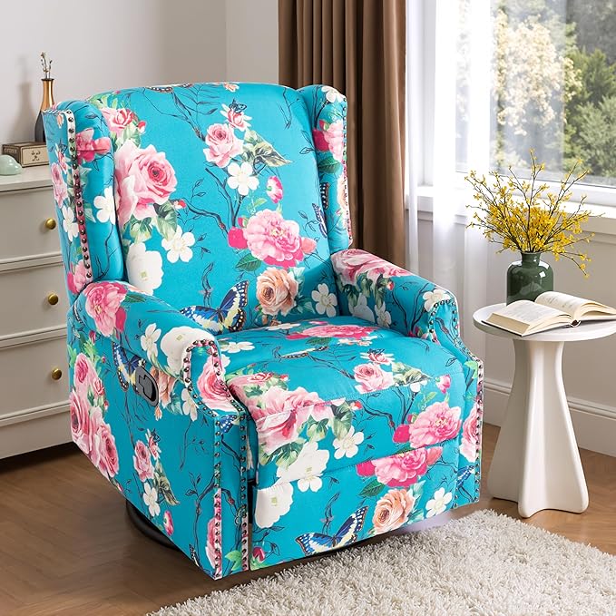 Pia Ricco Swivel Glider Recliner Chairs Set of 2, High Back Rocker Reclining Accent Chair with Smooth Manual Mechanism for Nursery, Comfortable & Quiet Upholstered Armchair Seating-Peacock Blue Rose