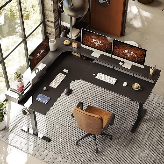FEZIBO 75", 265lbs Load Capacity, L Shaped Standing Desk with Drawers, Reversible Electric Standing Gaming Desk Adjustable Height, Corner Stand up Desk with Splice Board, Black Frame/Black Top