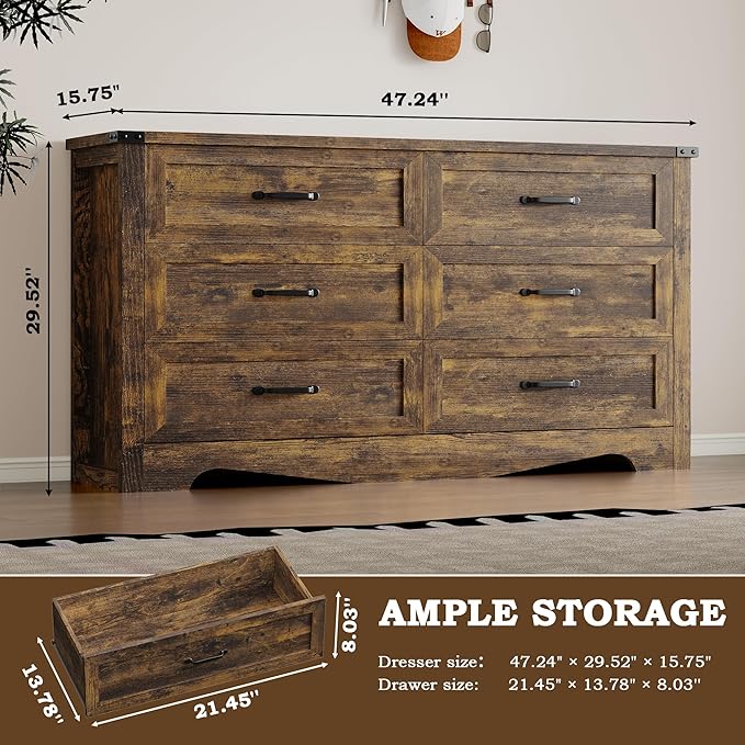 6-Drawer Dresser for Bedroom, Modern Wooden Chest of Drawers with Metal Handles, Anti-Tipping Design, Sturdy and Stable Storage Organizer for Living Room, Entryway, Home Office