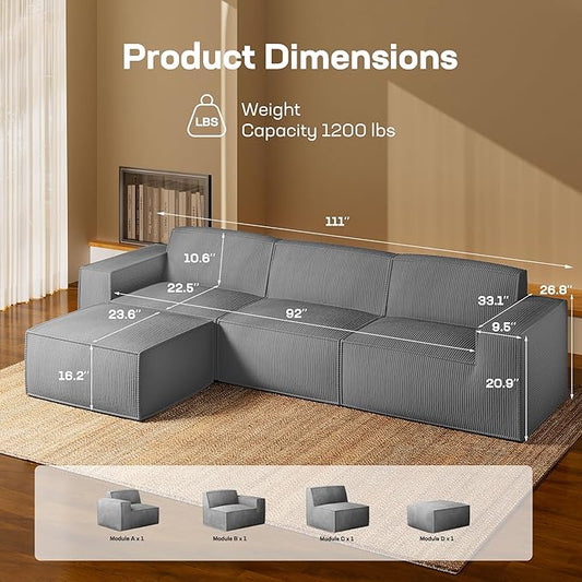 Marsail Modular Sectional Sofa, 111" L-Shaped Modular Sectional Couch with Deep Seat, Freely Combinable Sectional Cloud Sofa for Living Room, No Assembly, Plush Corduroy Fabric, Grey