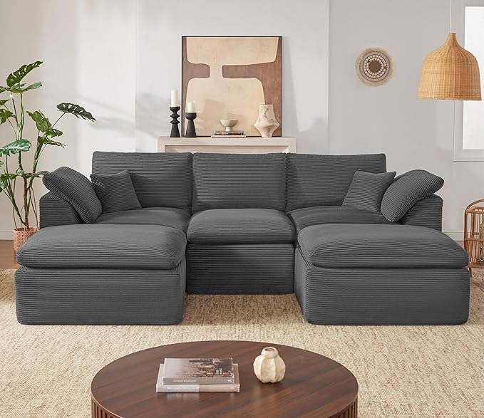 112" Cloud Sectional Couch, Boneless Couches for Living Room, U Shaped Couch with Convertible Ottoman, Modular Sectional Sofa with Deep Seat, Comfy Soft Cushions, No Assembly, Gray