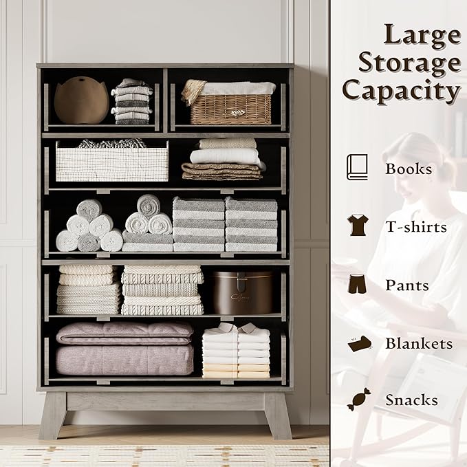 46" Tall Dresser for Bedroom, 6-Drawer Fluted Chest of Drawers, Modern Wood Highboy with Deep Storage, Metal Slides and Handles, Anti-Tip Kit, Vertical Clothes Organizer for Apartment, Nursery
