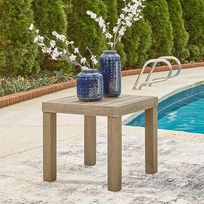 Signature Design by Ashley Silo Point Casual Outdoor Square Patio End Table with Slatted Styling, Multi-Step Finish, Eucalyptus Wood, 20.5" High, Brown