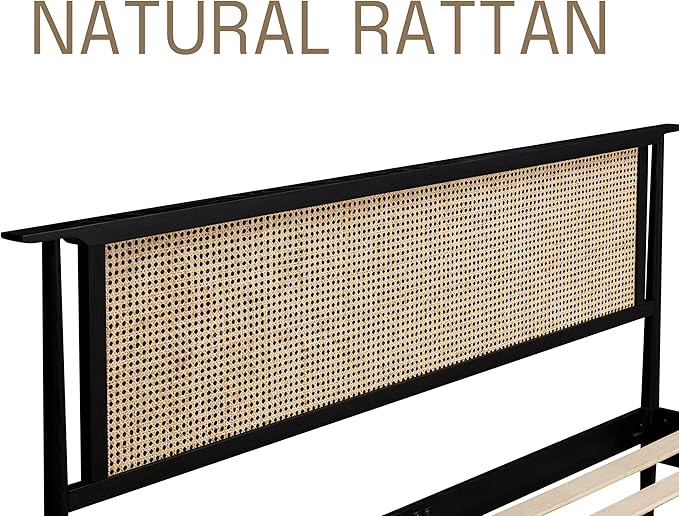 NTC Ruby Wooden Bed Frame with Headboard and Natural Rattan, Solid Oak Foundation with Silent Slats, 1000 Lb Capacity, Effortless Assembly, Queen - Burnt Black