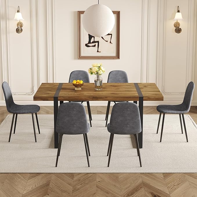 Dining Table Set for 6,Dinner Table Set for 6,71'' Dark Wood Kitchen Table and Suede Nap Fabic Chairs Set of 6,6 Chair Dining Table Set for Kitchen Dining Room