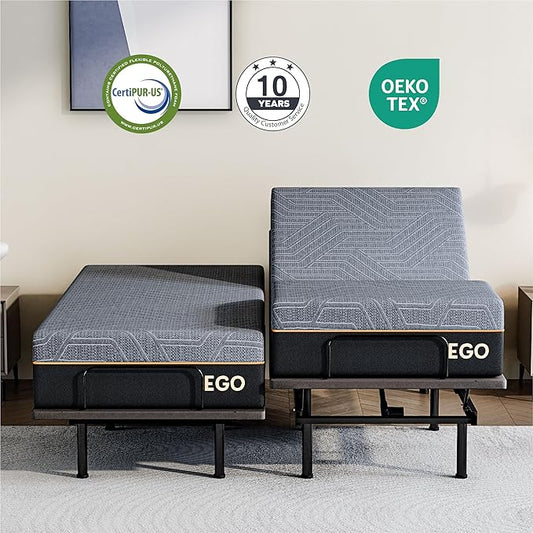 Split King Adjustable Bed Base Frame with Wireless Remote + 12 Inch SPK Gel Memory Foam Mattress Bed in a Box, Head and Foot Incline, Zero Gravity, Fiberglass Free,80" × 38"