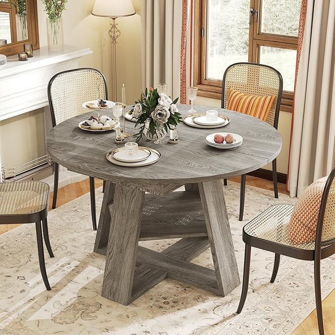 Aivermel 43.3‑59 in Extendable Oval Dining Table for 4‑6, Engineered Wood Round Dining Table with Hidden Extension Storage & Bottom Shelf, Space‑Saving Modern Kitchen Living Room Tables (Vintage Grey)