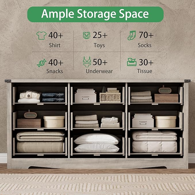 Dresser for Bedroom with 9 Drawers, 59" Wide Wood Chest of Drawers with Deep Drawers & Mental Handle, Modern Dresser TV Stand, Wooden Closet Storage Organizer for Living Room, Hallway, Entryway, Grey