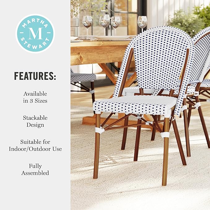 Martha Stewart Lily Pond Indoor-Outdoor Stackable Aluminum Bistro Chair with Natural Woodgrain Frame Finish and White/Navy Woven Rattan Backrest and Seat