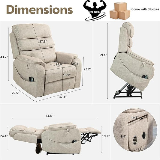 Power Lift Recliners Chairs for Elderly Adults Lay Flat Recliner with Heat & Massage, Wireless Charging Device, USB Ports, Cup Holder, Lumbar Pillow, 400Lbs(Grainy Fibric,Oatmeal)