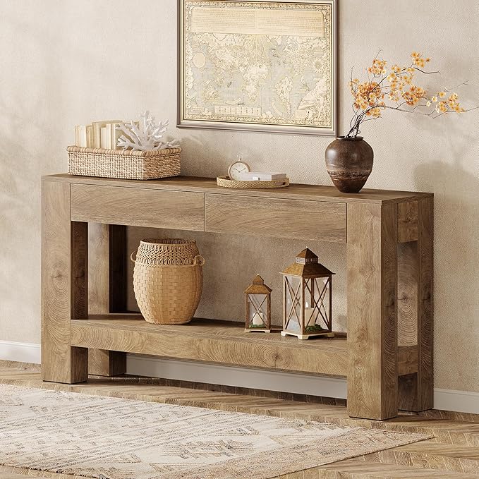 Tribesigns 63" Console Table with 2 Drawers, Farmhouse Entryway Table with Storage Shelf and Sturdy Legs, Wooden Sofa Table for Living Room, Hallway, Entrance (Brown)