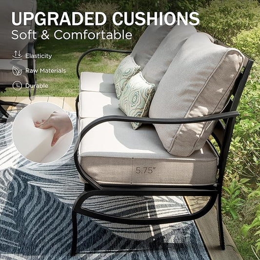 PHI VILLA Patio Conversation Sets 6 Piece, Deluxe Outdoor Patio Set for 5-7 Person with 3 Seater Padded Deep Seating Bench, 2 Padded Armrest Sofa Chairs, 2 Ottoman and & 1 Coffee Table