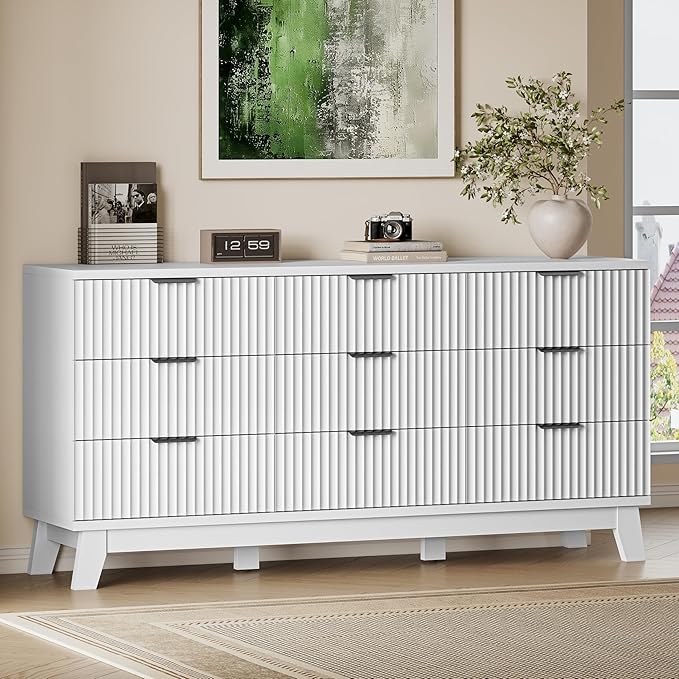 63" Long Dresser for Bedroom, 9-Drawer Fluted Dresser, Extra-Wide Wood Chest of Drawers with Smooth Metal Slides, Stable Base, Modern Clothes Storage Cabinet for Living Room, Hallway, Nursery
