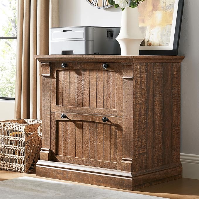 OKD Farmhouse File Cabinet with 2 Drawers, 30" Lateral Filing Cabinet with Hanging File Folders, Interlocking Drawers, Wood Rustic Storage Cabinet for Home Office,Brown