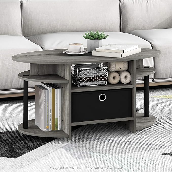 Furinno Jaya Oval Coffee Table, French Oak Grey/Black/Black