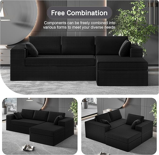 108-inch Boneless Couch for Living Room,Comfy Boneless Sofa with Deep Seats & Chaise Lounge, 3-Seat Modular Sofa Memory Foam Sectional Couches - No Assembly Required(Dark Black)