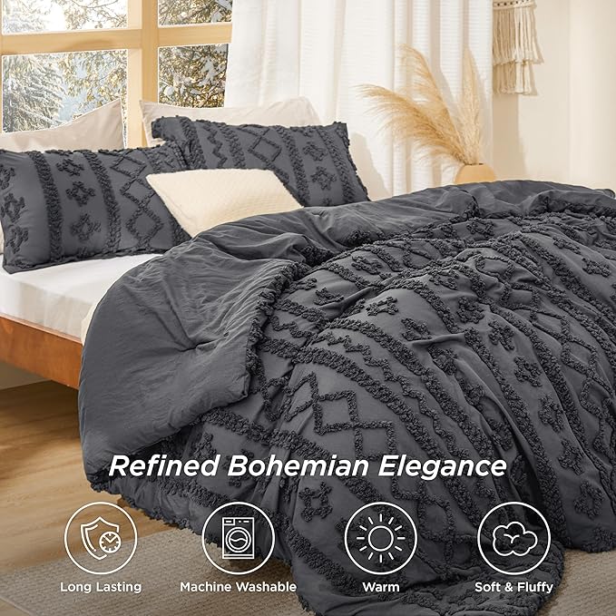 Bedsure Tufted Boho Comforter Set Queen Size - Dark Grey Boho Bed Set, GentleSoft™ 3 Pieces Farmhouse Shabby Chic Embroidery Bedding, Gifts for Woman, Soft Jacquard Queen Comforter for All Seasons