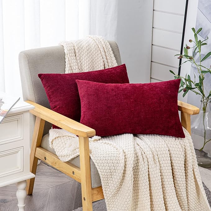 GAWAMAY Lumbar Decorative Throw Pillow Covers 12"x20" Inch Set of 2, Super Soft Chenille Rectangle Pillowcase for Living Room Bedroom Sofa Couch Cushion Pillow Cover Burgundy Red 30x50cm (ONLY COVERS)