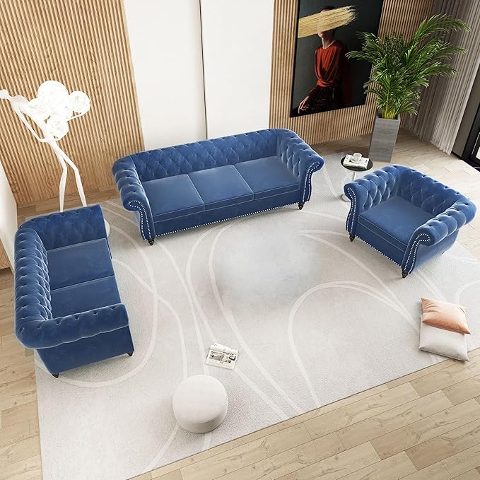 2 Piece Living Room Sofa Set, 3 Seater Velvet Sofa Couch and Chair Set, Mid Century Modern Upholstered Couch with Cushions, Comfy Tufted Chesterfield Couches for Living Room, Bedroom, Office