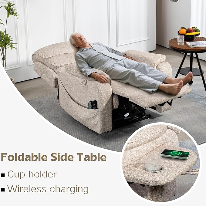 Power Lift Recliners Chairs for Elderly Adults Lay Flat Recliner with Heat & Massage, Wireless Charging Device, USB Ports, Cup Holder, Lumbar Pillow, 400Lbs(Grainy Fibric,Oatmeal)