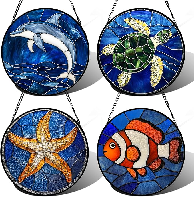 Stained Glass Window Hanging 4 Pcs Set Blue Ocean Turtle Dolphin 7.8" - Marine Life Suncatcher Garden Sun Catcher Decor Birthday Mother's Day for Mom Woman Nana Men