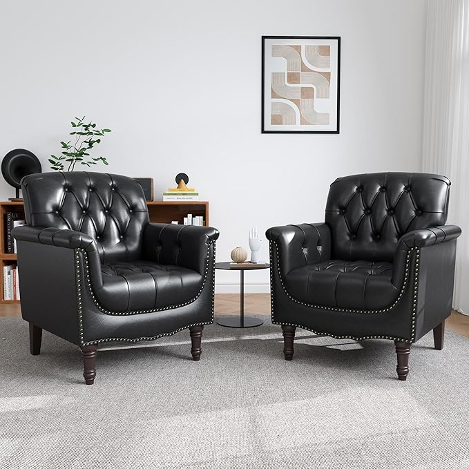 UIXE Faux Leather Accent Chairs Set of 2, Comfy Club Chair Upholstered Armchair for Living Room, Button Tufted Arm Chair Retro Single Sofa Side Reding Seat for Bedroom - Black Blue