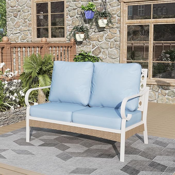 Patio Furniture Sofa, Love-Seat Patio Sofa Steel Frame Outdoor Sectional Couch with Deep Seating and 5.5” Cushions for Lawn Backyard Porch Deck, Blue