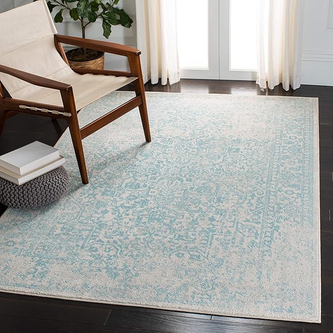 SAFAVIEH Evoke Collection 4' x 6' Ivory / Aqua EVK256J Oriental Distressed Non-Shedding Living Room Bedroom Accent Rug
