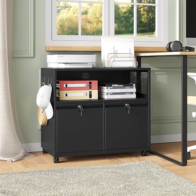 Mobile Filing Cabinet with Lock,Metal Lateral File cabinets Printer Stand with Storage Cabinets for Home Office,A4/F4/Letter (Black)