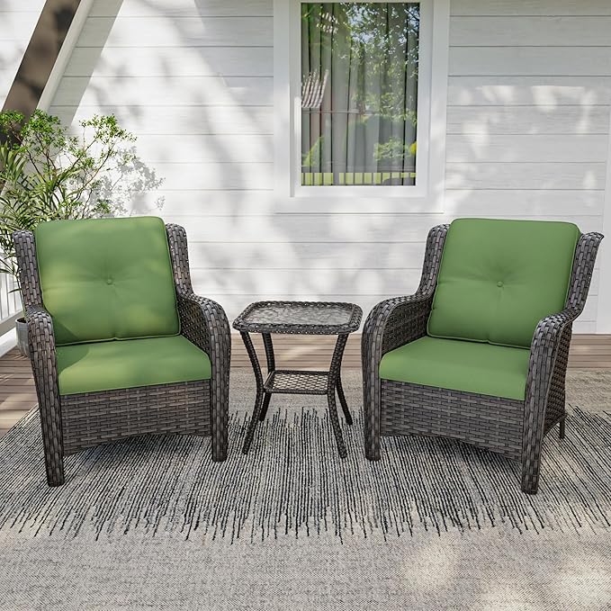 3 Pieces Outdoor Patio Chairs Set - Wicker Patio Conversation Sets with 1 Side Table, Olefin Fabric Cushions Suitable for Backyard Deck and Porch,Green