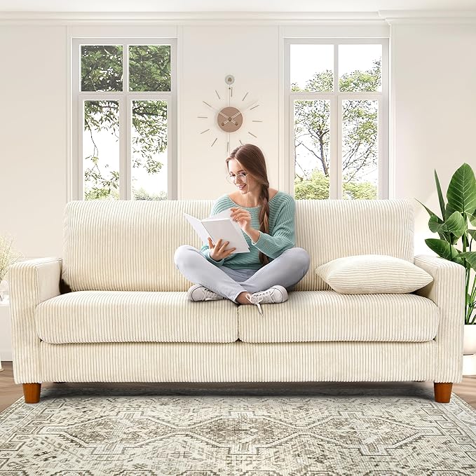 70in Corduroy Couch, Kidirect Sofa No Tool Assembly, Comfy Couches for Living Room 21in Deeper Seats, Corduroy Sofas for Living Room with 2 Pillows, Oversized Loveseat Sofa, Boho Love Seat Beige Couch