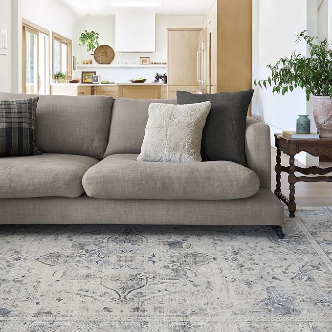 RUGGABLE Washable Vintage Area Rug – Sarrah Blue Quartz 5x7, Stain-Resistant, Non-Slip – Medium Machine Washable Rugs for Living Room, Bedroom, Hallway, Entryway & Office–with Standard Pad