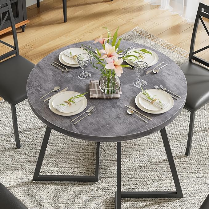 VECELO 35" Round Dining Table for 4, Wood-Grain Tabletop & Heavy-Duty Steel Frame, for Kitchen, Living Room, Easy Assembly, Dark Grey
