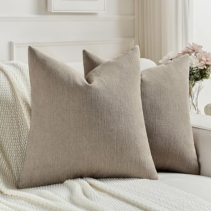FUTEI Coffee Chenille Decorative Throw Pillow Covers 18x18 Inch Set of 2,Soft Cozy Faux Linen Textured Cushion Case,Farmhouse Home Decor for Couch Living Room