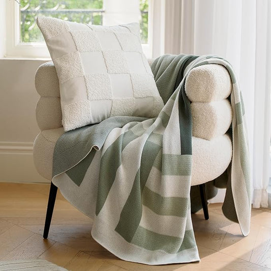 Double Stitch Checkered Throw Pillow Covers - 100% Cotton Tufted Boho Decorative Pillow Covers 20x20, Made in India, Square Plaid Cushion Case, Modern Home Decor for Couch, Sofa, Living Room, Cream