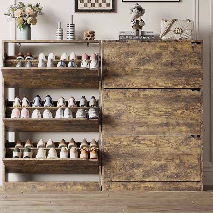 Shoe Storage Cabinet for Entryway with 3 Flip Drawers, Sturdy Wood Hidden Shoe Storage, Freestanding Narrow Slim Shoe Organizer for Front Door Entrance, Living Room, Hallway, Bedroom, Brown