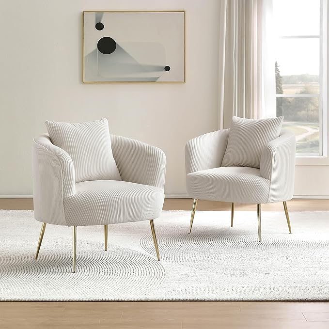 Art Leon Accent Chair Set of 2, Modern Velvet Upholstered Armchairs, Living Room Side Chairs Barrel Chairs with Golden Metal Legs, Off White