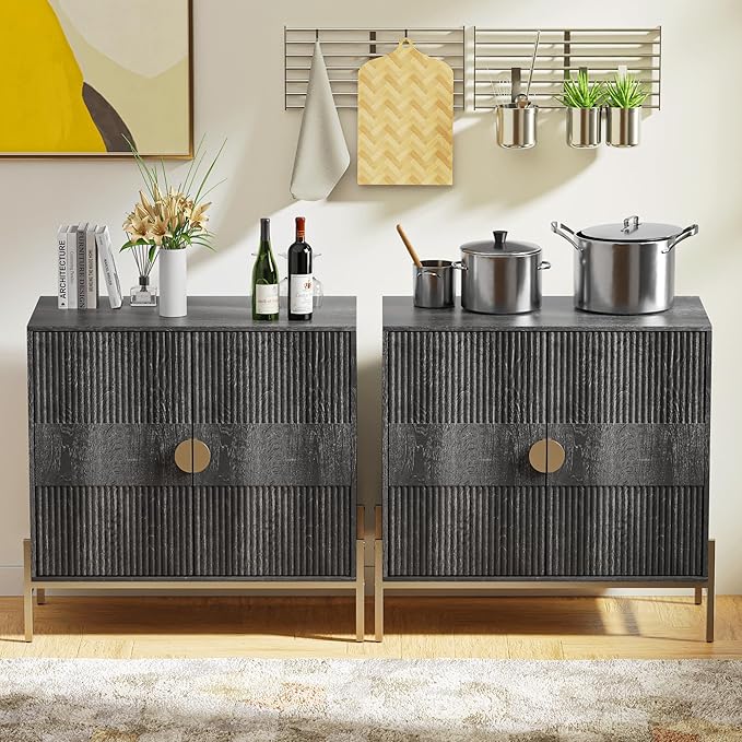 Fluted Sideboard Buffet Cabinet, Modern Credenza with Metal Gold Legs, Wood Accent Sideboard with Storage for Living Room, Dining Room, Kitchen, Entryway(Darkgrey)
