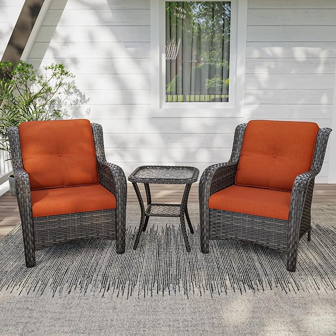 3 Pieces Outdoor Patio Chairs Set - Wicker Patio Conversation Sets with 1 Side Table, Olefin Fabric Cushions Suitable for Backyard Deck and Porch,Orange