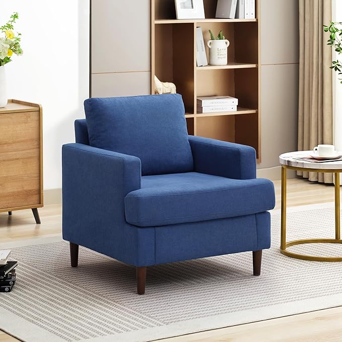 Mid-Century Accent Chair,Modern Linen Fabric Armchair for Living Room,Comfy Upholstered Reading Accent Chairs for Bedroom,Single Sofa Chair with Wood Legs (Blue, 1 Pack)