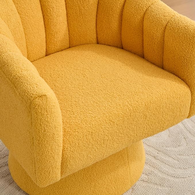 Swivel Accent Chair,Upholstered Teddy 360° Swivel Barrel Chair for Living Room Overstuffed Bouncle Reading Chair Round Armchair for Bedroom,Vanity,Office-Mustard