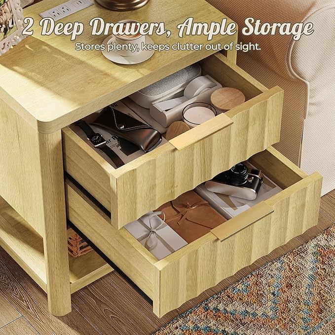 Huuger 27.6 Inch Tall Night Stand with Charger Station, USB-C Port, Fluted Nightstand with 2 Deep Drawers, Larger Wider Bed Side Table with Open Shelf, Bedroom Living Room End Table, Natural Wood