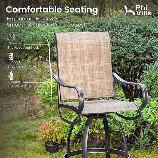 PHI Villa Outdoor Swivel Bar Stools Set of 8, Counter Height Patio Chairs with Waterproof Textile Fabric Brown, Rustproof Metal Frame & Circular Footrest for Poolside, Garden, Yard