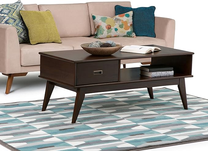 SIMPLIHOME Draper SOLID HARDWOOD 48 inch Wide Rectangle Mid Century Modern Coffee Table in Medium Auburn Brown for the Living Room and Family Room