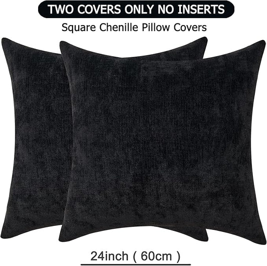 GAWAMAY Decorative Chenille Throw Pillow Covers 24x24 Inch Pack of 2, Soft Square Couch Pillow Cover for Sofa Cushion Living Room Bedroom Solid Dyed Pillowcases Black 60x60cm (ONLY Covers)
