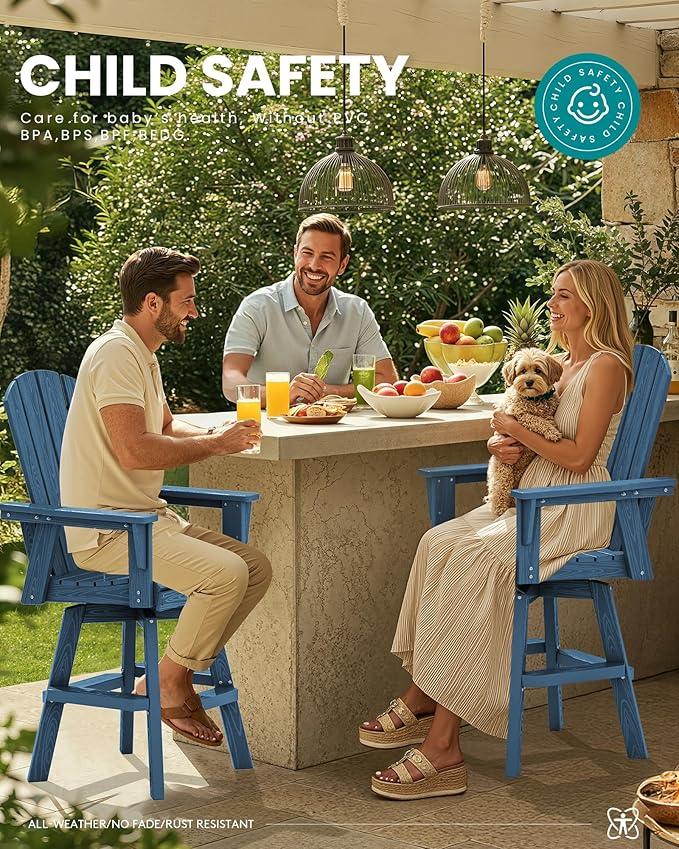 SERWALL 5-Piece Swivel Adirondack Bar Set, HDPE Swivel Bar Height Chairs Set of 4 with Bar Table, All-Weather Outdoor Barstools for Patio, Poolside, Garden, Blue