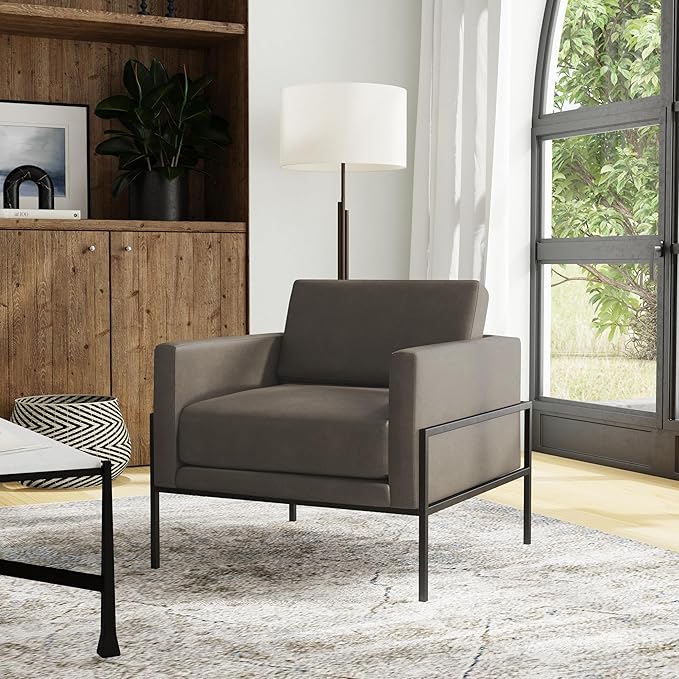 HomePop Modern Metal Frame Accent Chair Home Décor|Accent Chairs for Living Room & Bedroom - Pewter Gray Faux Leather
