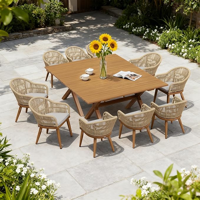 PURPLE LEAF 12 Pieces Patio Dining Set with Outdoor Aluminium Dining Table and Woven Chairs Modern Metal Furniture Cushions Sets for Garden Yard Indoor Decor Kitchen Teak