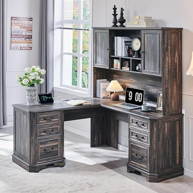 T4TREAM 59" Farmhouse Wood Desk Hutch with Ample Storage, Only Match VSC Series Farmhouse Desk (Dark Rustic Oak)
