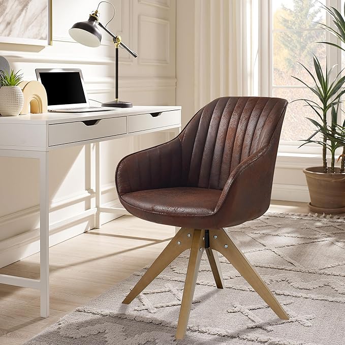 Zouron Mid Century Modern Accent Chair with Wooden Legs, Upholstered Swivel Chair No Wheels, Side Accent Armchair Vanity Chair for Small Space Home Office Living Room Bedroom, Mocha